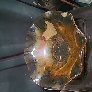 Lg. Carnival Glass Serving Bowl - Jeanette Daffodil Herringbone Bowl